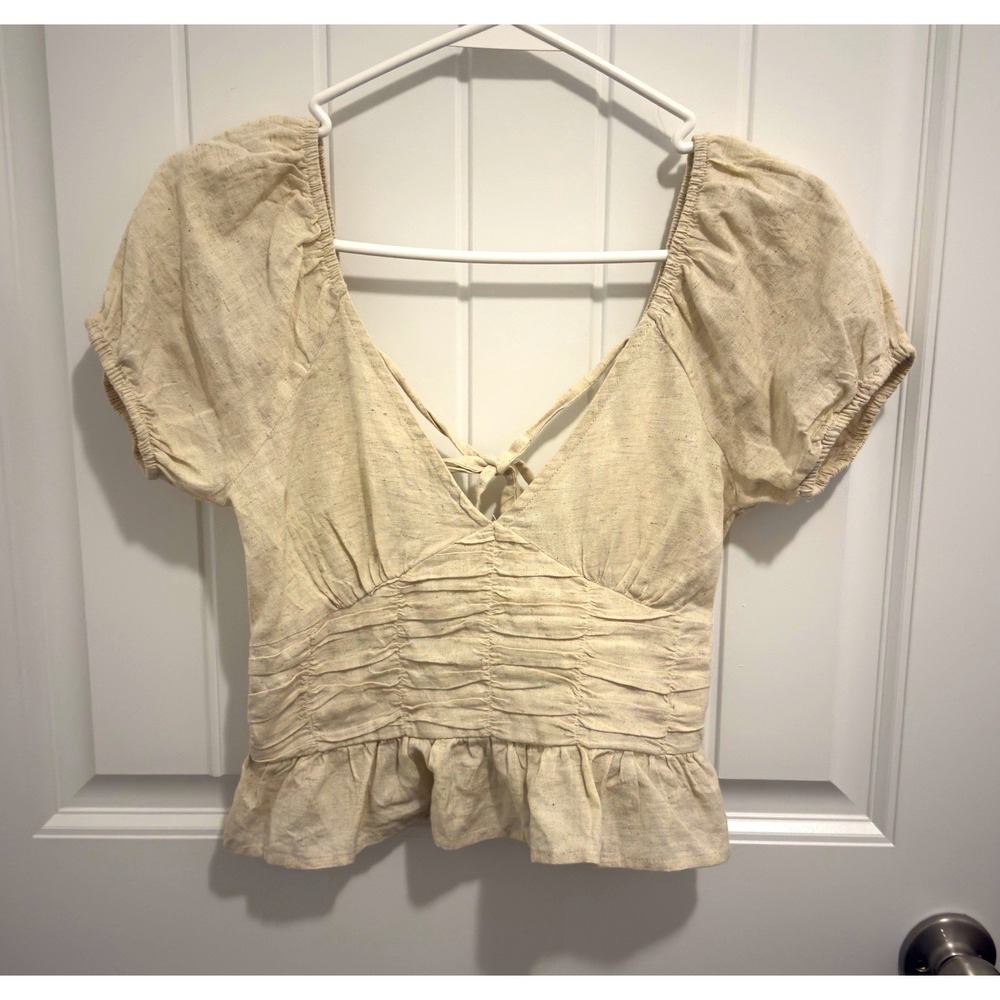 Sim & Sam Women's Beige V-Neck Peasant Smocked Ruffle Puff Blouse Size S